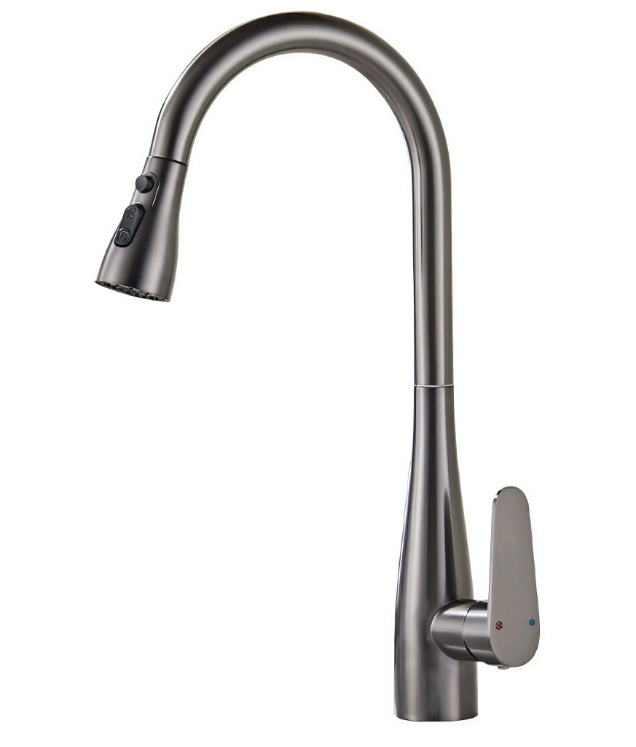 Gunmetal Grey High-Arc Gooseneck ເຮືອນຄົວຮ້ອນແລະເຢັນ faucet ດຶງອອກ Gunmetal Grey High-Arc Gooseneck ເຮືອນຄົວຮ້ອນແລະເຢັນ faucet ດຶງອອກ